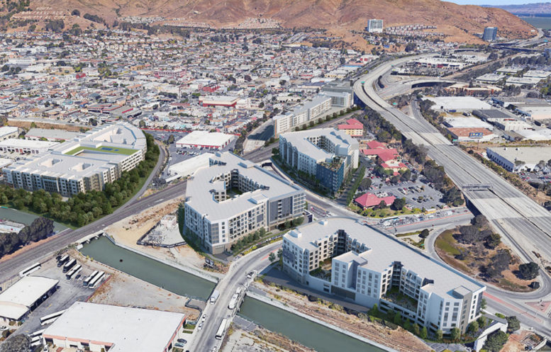 Previous proposal for 40 Airport Boulevard aerial view with 100 Produce and 124 Airport projects illustrated, image courtesy Bella Vista Development