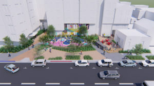 Shirley Chisholm Village Educator Housing outdoor courtyard, rendering courtesy Fletcher Studio