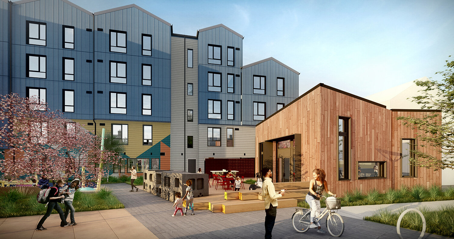 Shirley Chisholm Village Educator Housing outdoor space, rendering by BAR Architecture