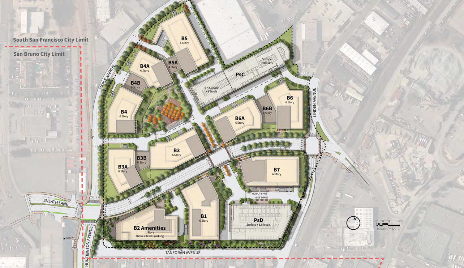 Southline conceptual hybrid buildout with offices and life sciences, site map by DES Architects