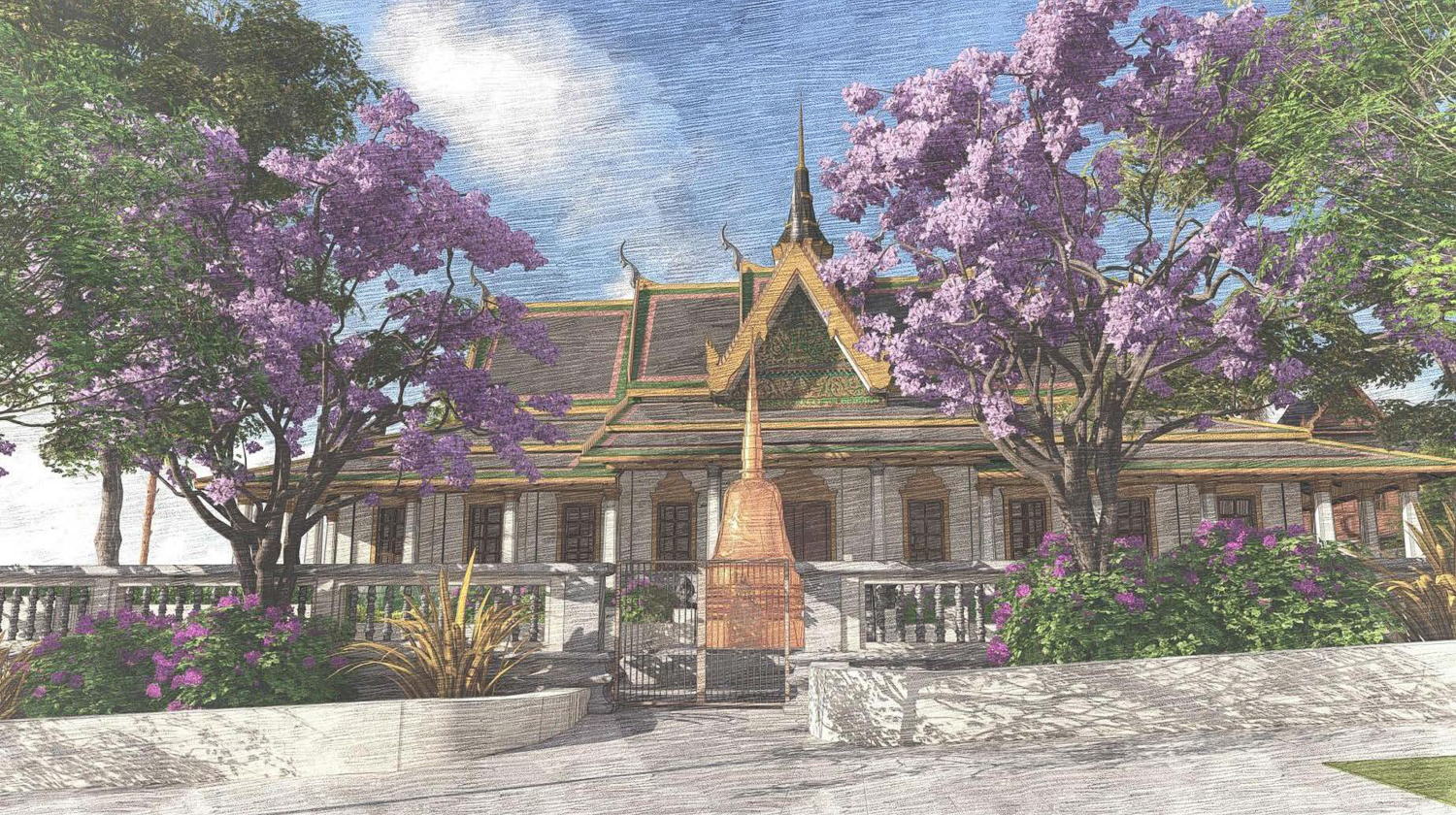 Wat Khmer Kampuchea Krom Temple from Norwood Avenue, design by Andrew Mann Architecture, Siegel & Strain Architects