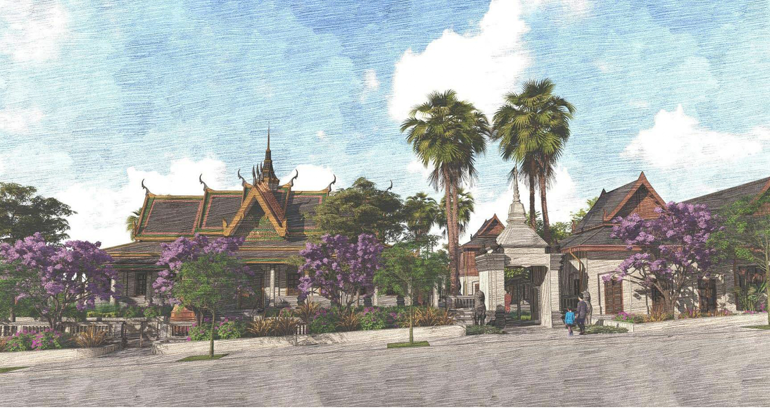 Wat Khmer Kampuchea Krom Temple seen from Norwood Avenue at eye level, design by Andrew Mann Architecture, Siegel & Strain Architects