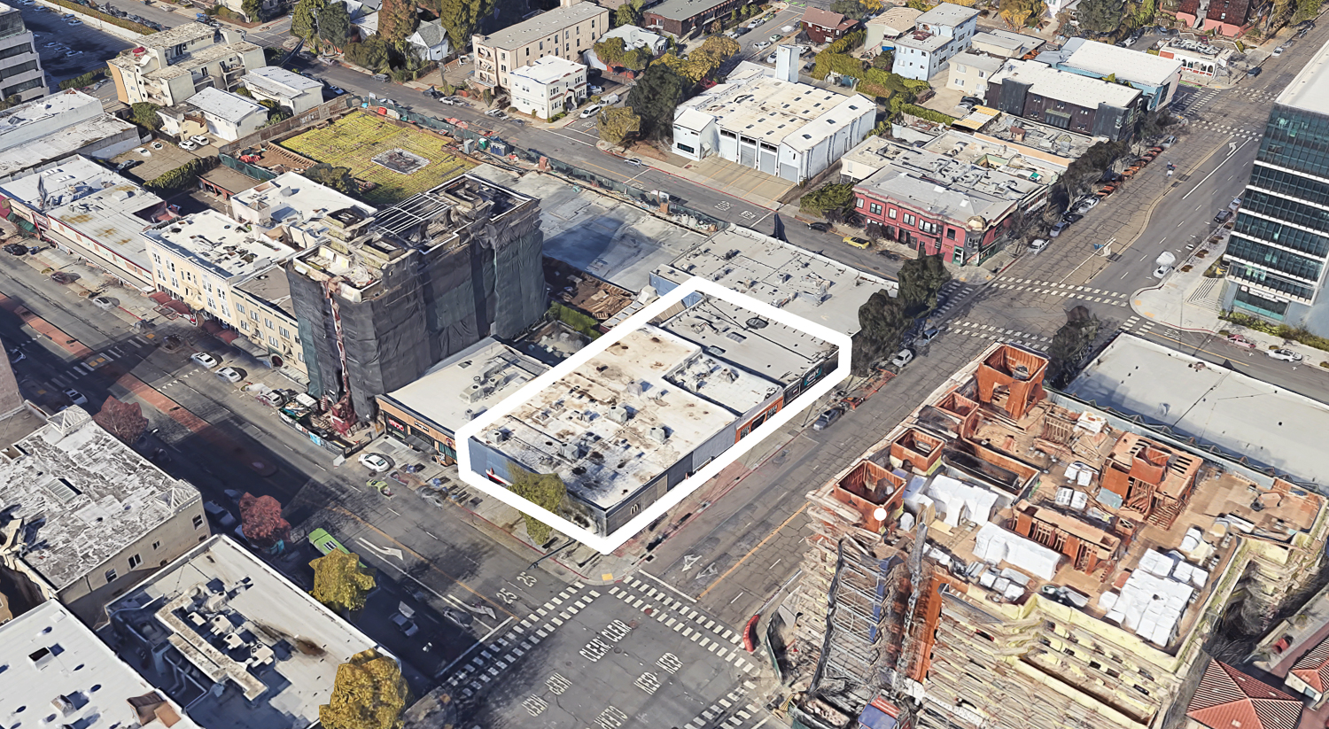1974-1998 Shattuck Avenue lot approximately outlined by SF YIMBY, exact borders for the project may vary slightly, image via Google Satellite