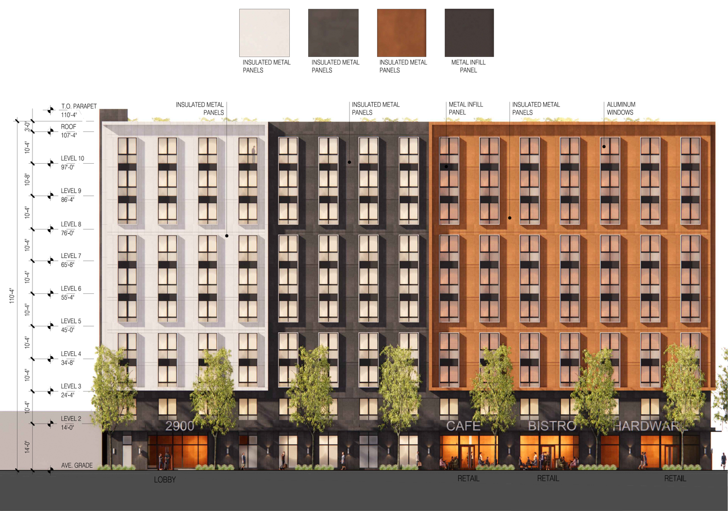 2900 Shattuck Avenue east elevation with facade materials labeled, image by Trachtenberg Architects