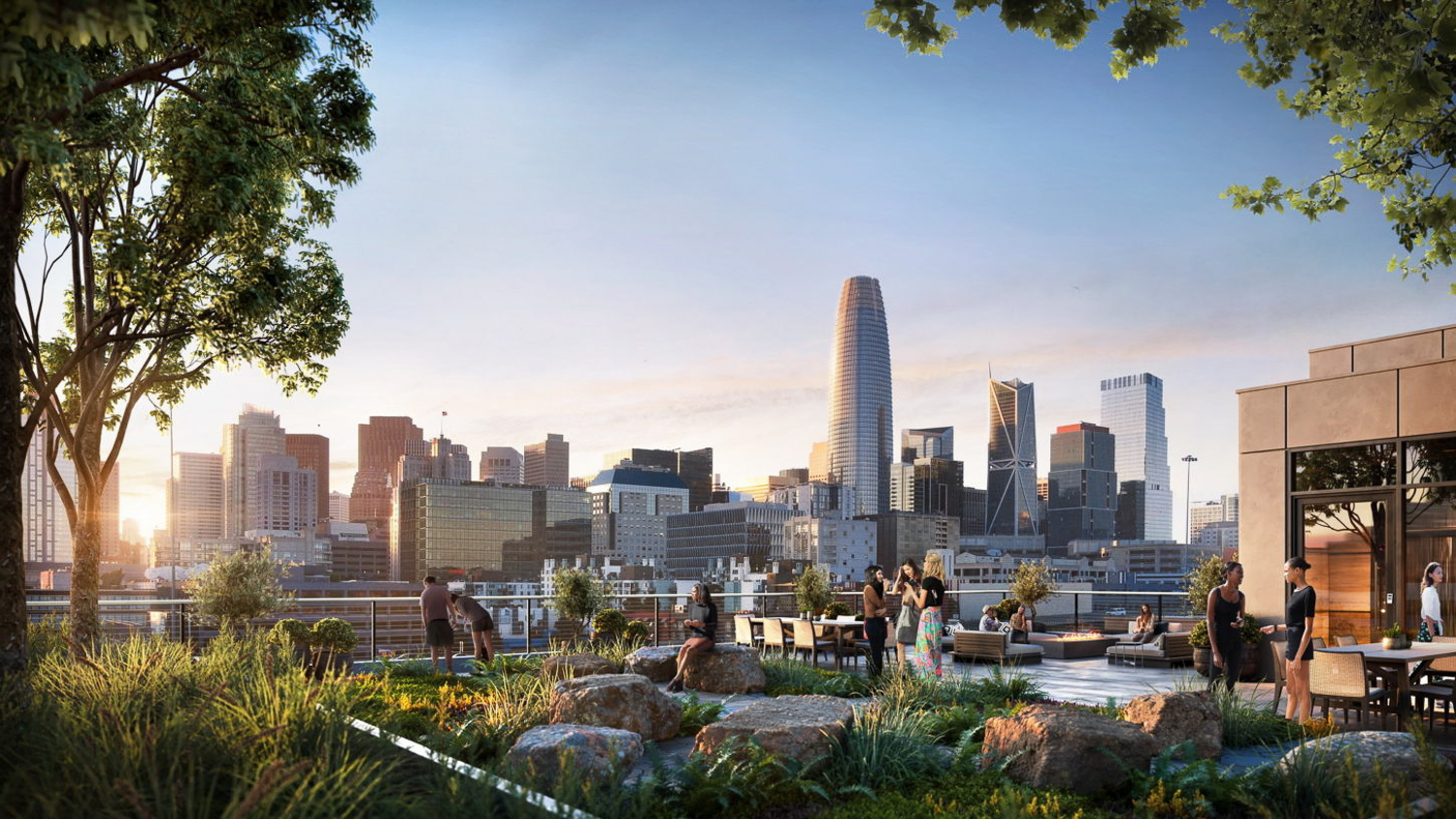531 Bryant Street roof deck view of the San Francisco skyline, design by Handel Architects rendering by NQS Creative