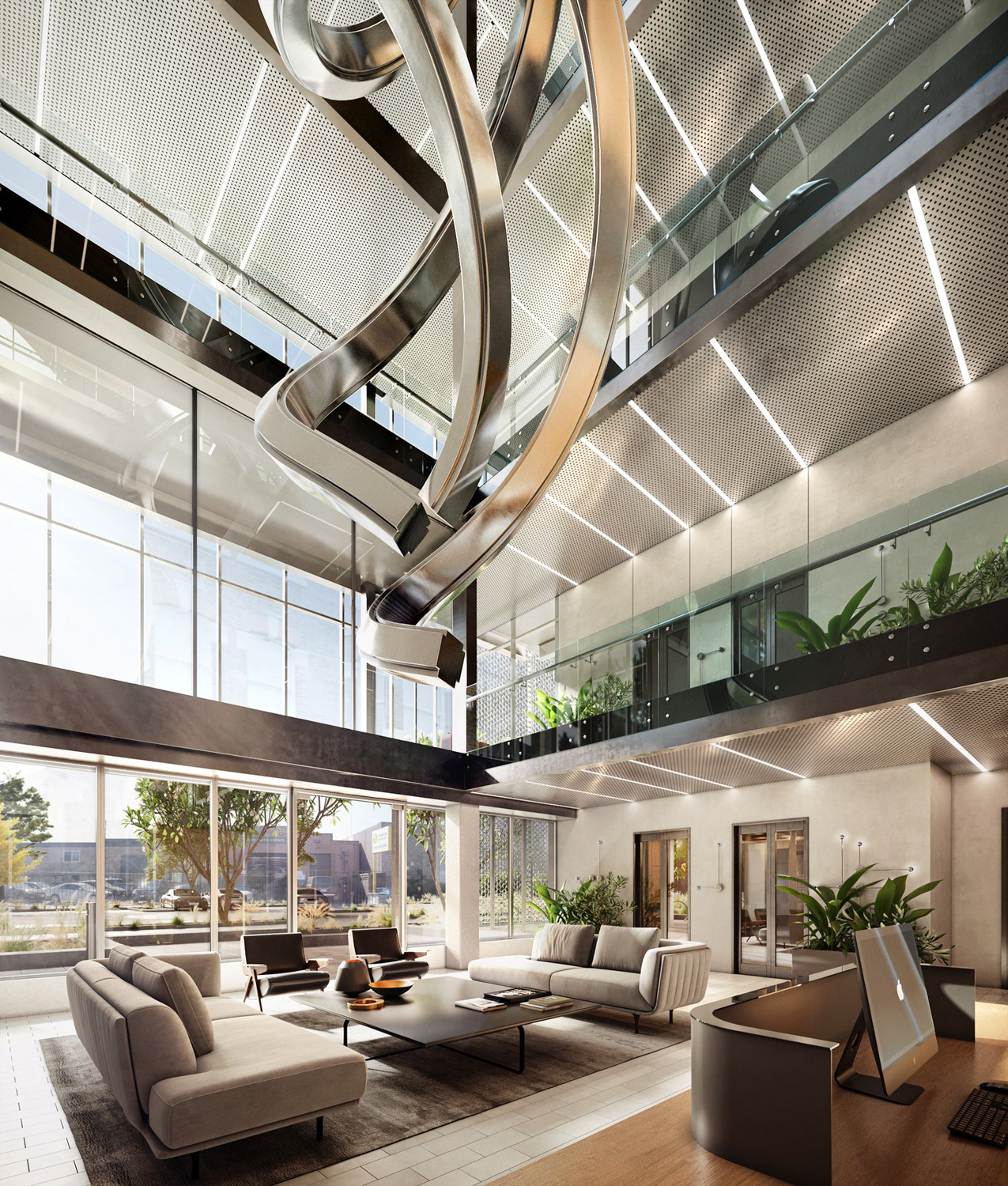 777 Industrial Road lobby interior, rendering by Stanton Architecture