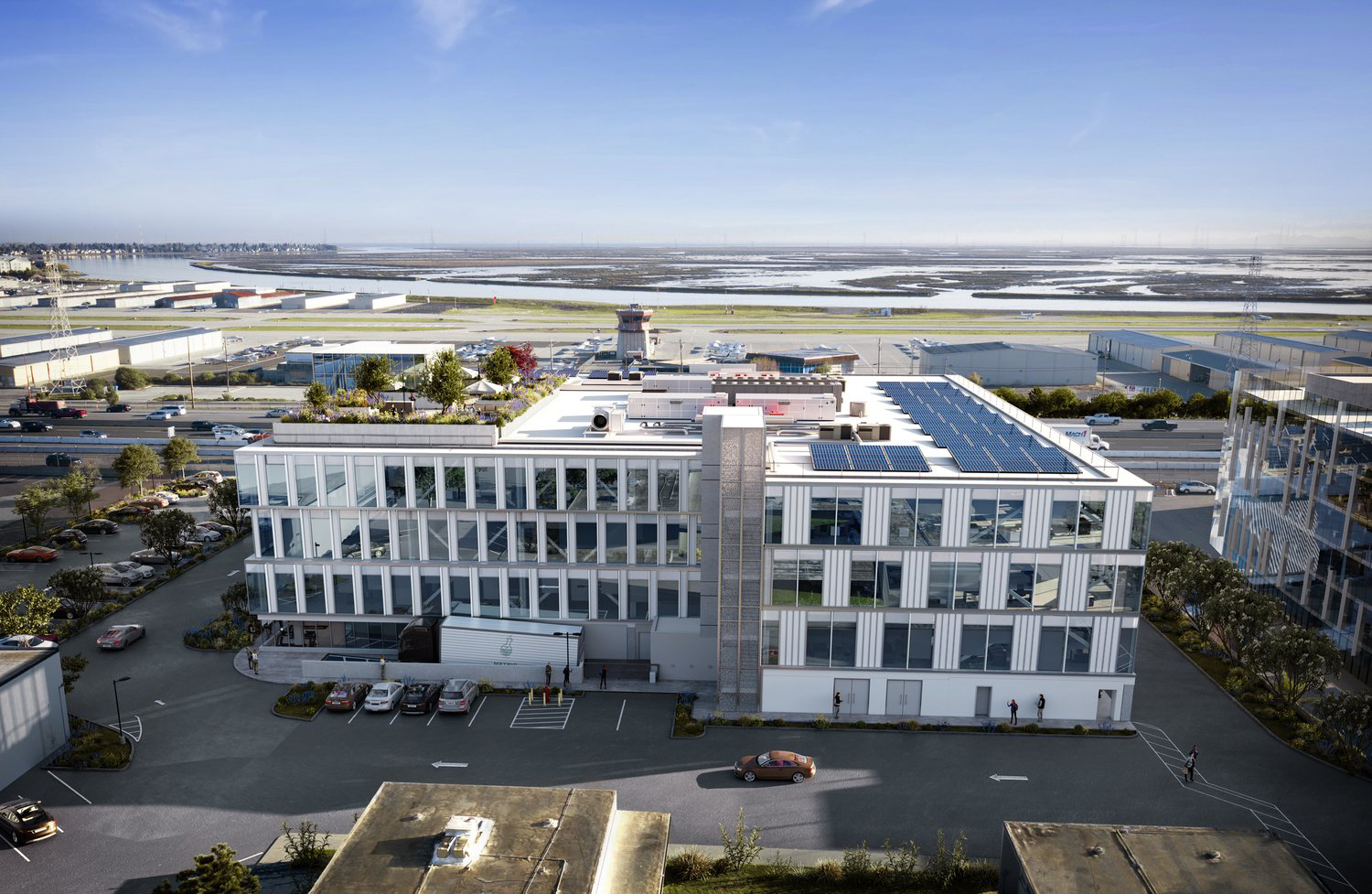 777 Industrial Road with the San Carlos Airport visible in the background, rendering by Stanton Architecture