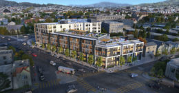 99 Ocean Avenue aerial perspective from above Ocean Avenue and Cayuga Avenue, rendering by RG Architecture