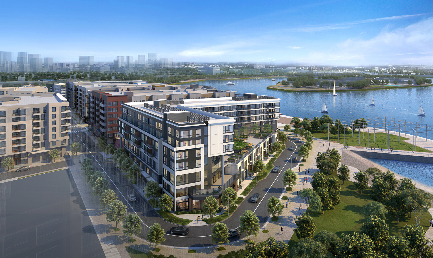 Brooklyn Basin Parcel E corner view over 9th Avenue looking southeast, rendering by Urbal Architecture