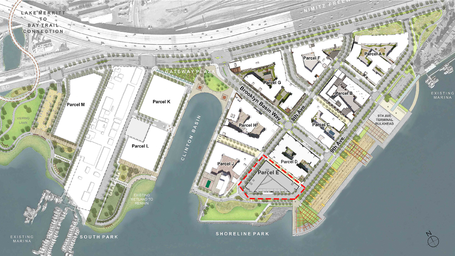 Brooklyn Basin Parcel E outlined within the masterplan site map, rendering by Urbal Architecture