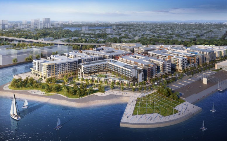 Brooklyn Basin Parcel E within the masterplan cluster aerial view, rendering by Urbal Architecture