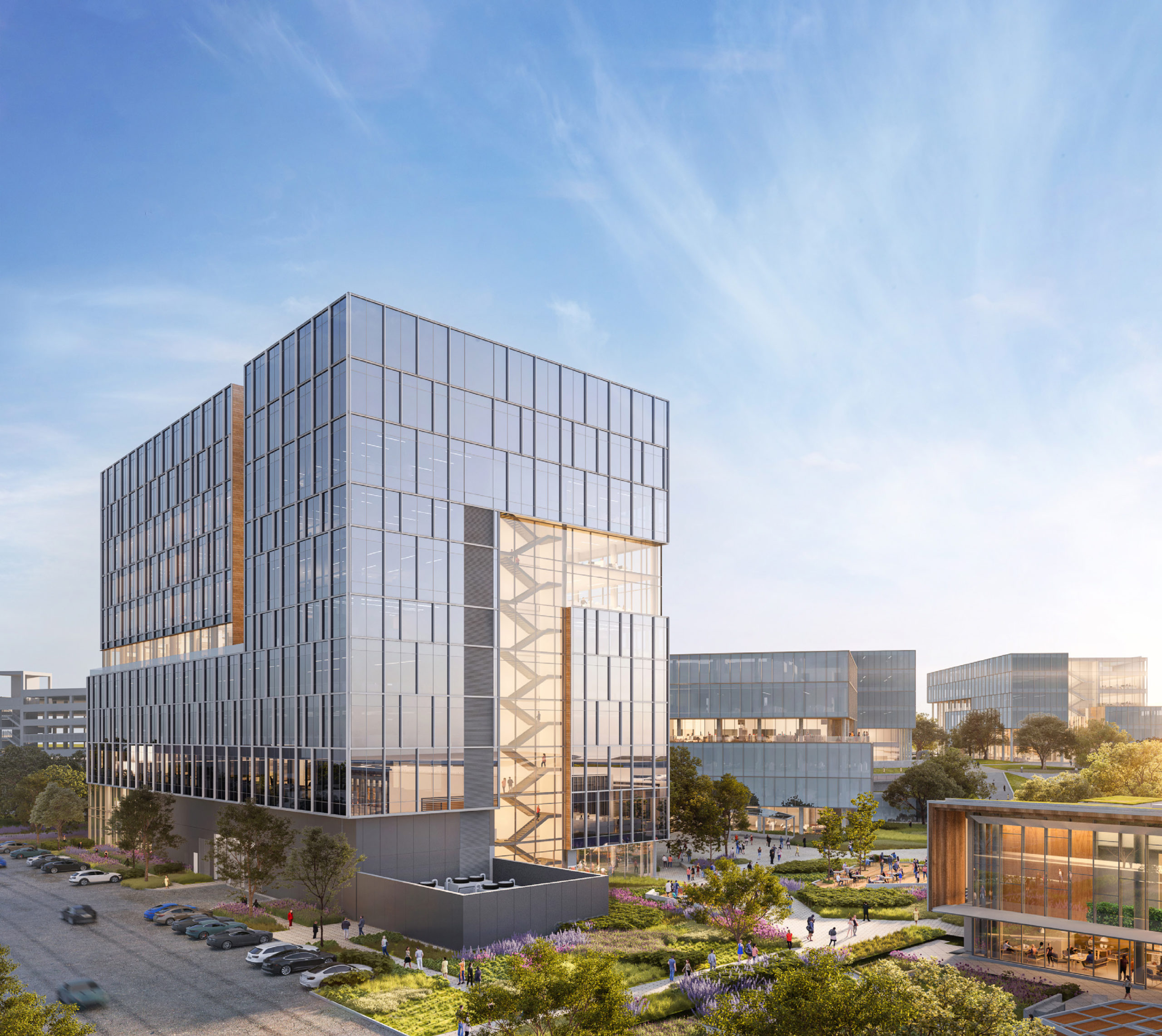 Gateway of Pacific phase four focus on north office with south office and two of the phase five buildings in the background, rendering by Flad Architects