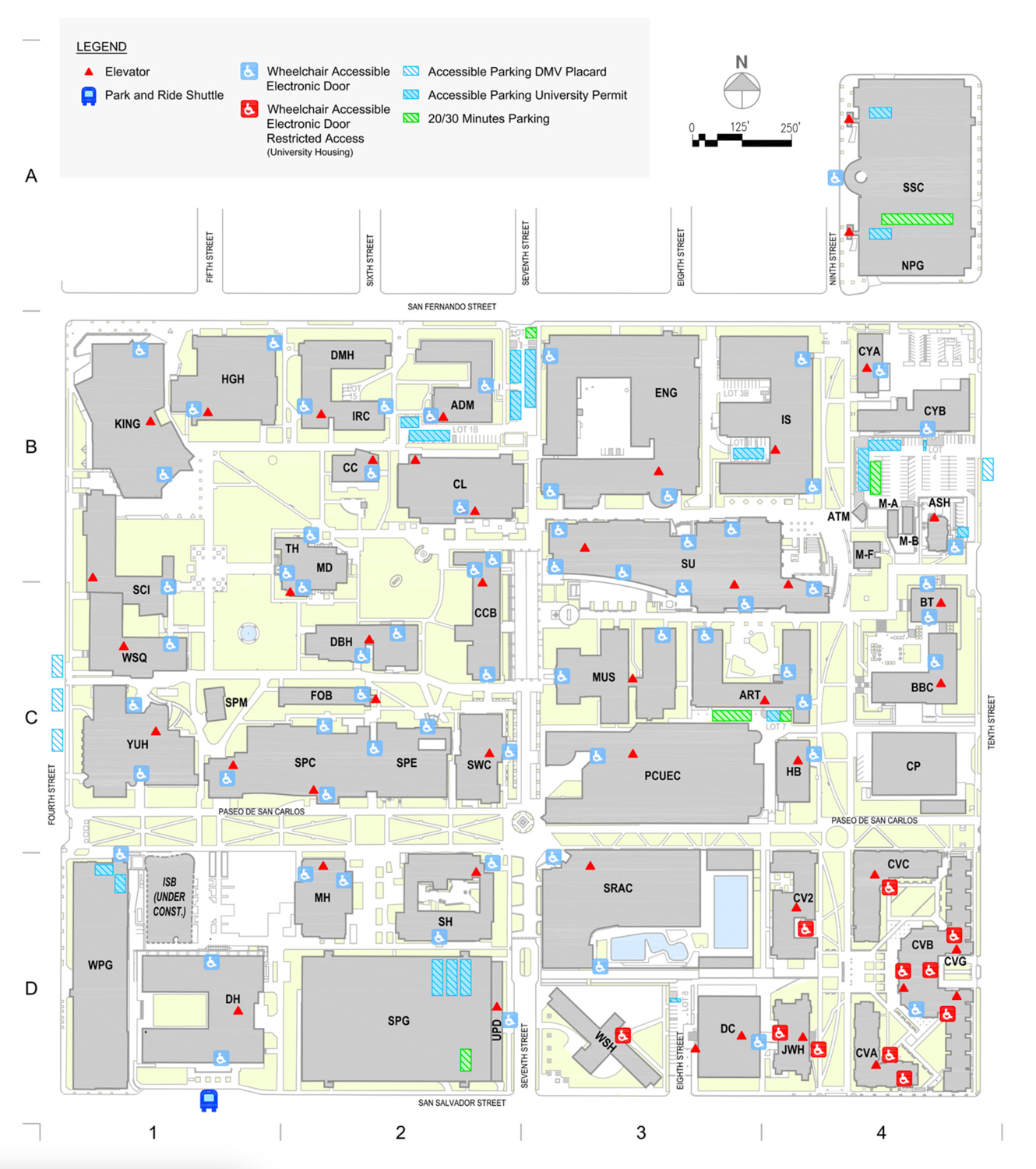 San Jose State University campus map, ISB in the bottom left corner