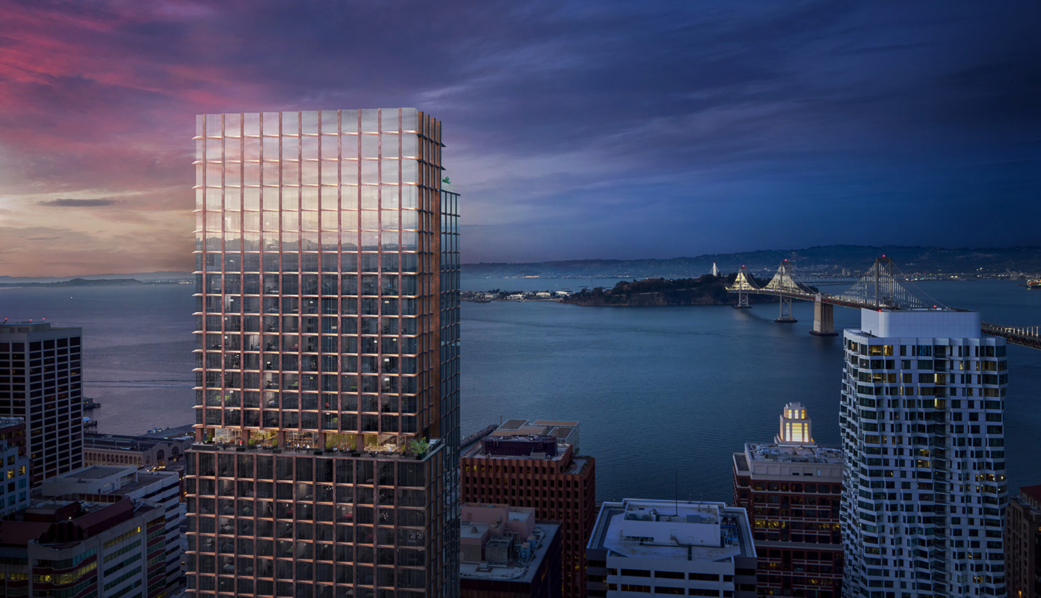 Transbay Block 4 aerial sunset view, architecture by Solomon Cordwell Buenz