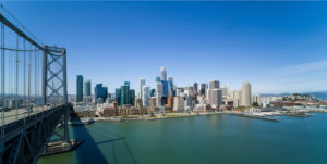 Transbay Block 4 in the skyline from by the Bay Bridge, low res rendering by Solomon Cordwell Buenz