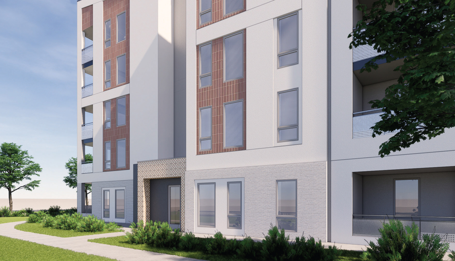 Westlake Apartments at 3517 Ryder Street corner detail, rendering by LPAS Architecture + Design
