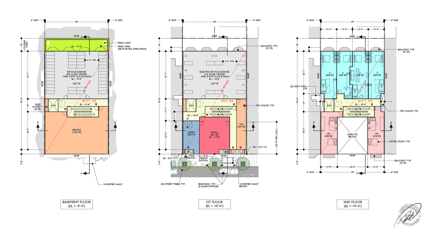 1233 Folsom Street floor plans for the basement, ground floor, and second floor, illustration by Shatara Architecture