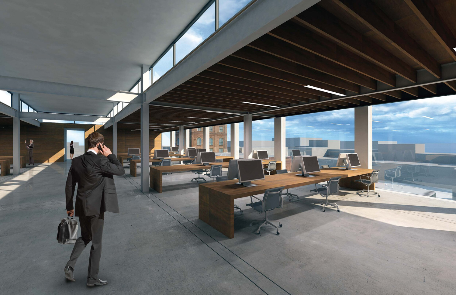 340 11th Street fourth floor view with clerestory windows mid-ceiling, rendering by Stanley Saitowitz Natoma Architects