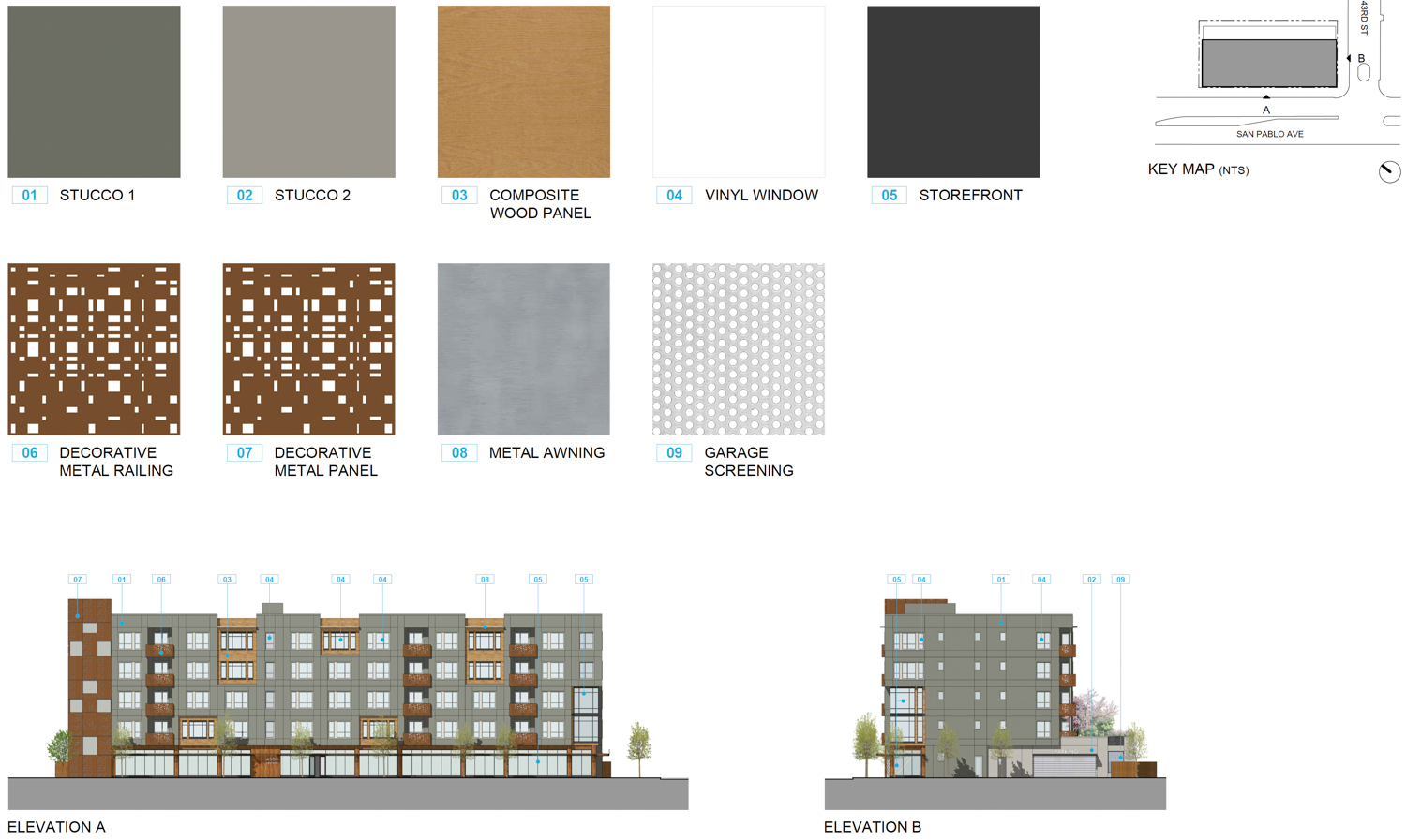 4300 San Pablo Avenue elevations and facade material list, illustration by KTGY