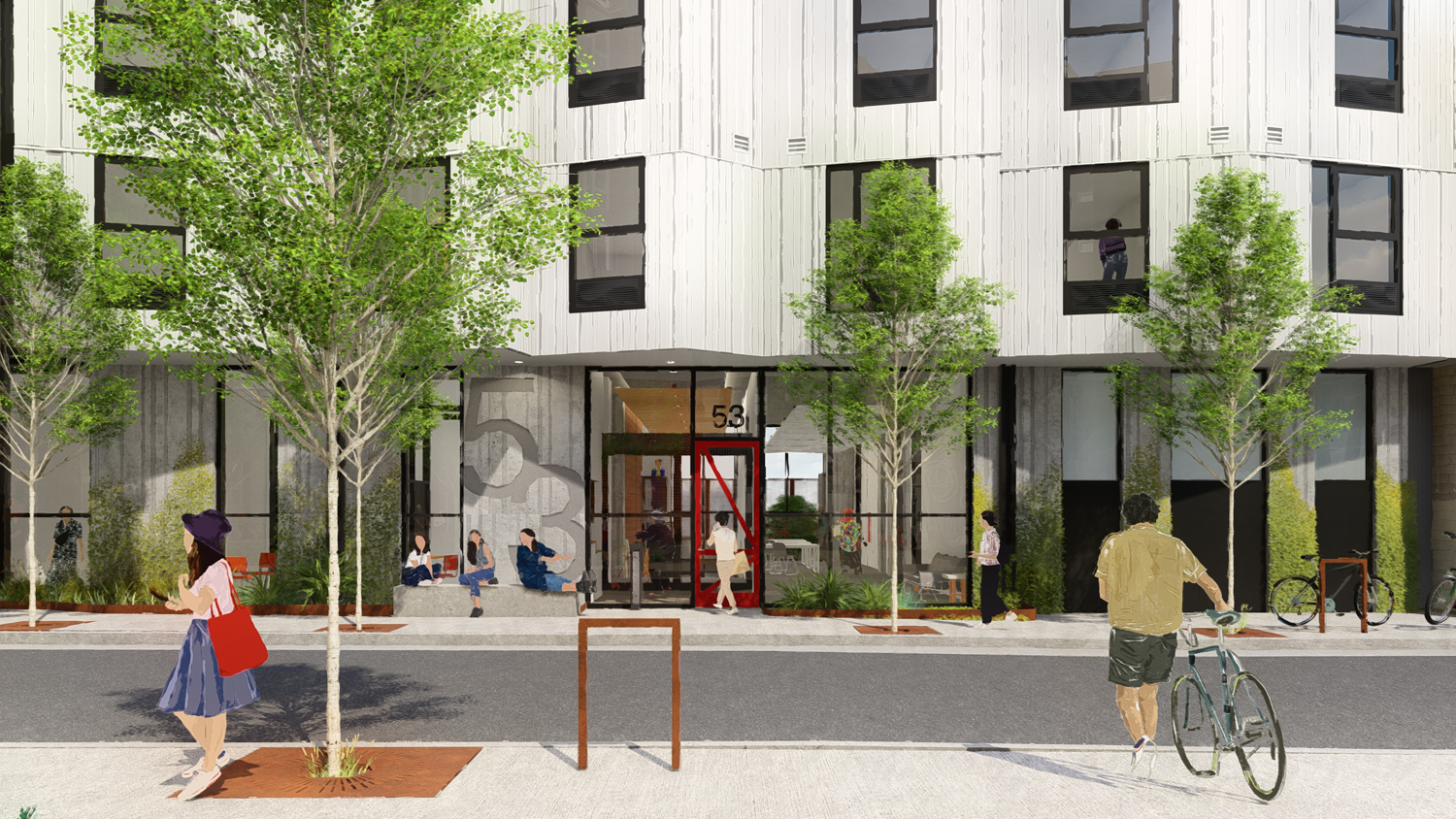 53 Colton Street view from the mid-block plaza, rendering by David Baker Architects
