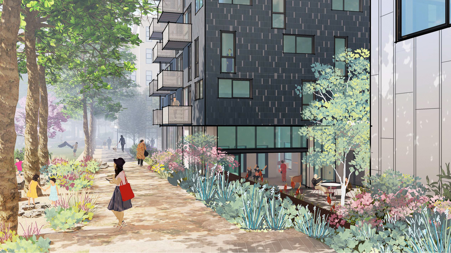 Balboa Reservoir Block F view at South Sunken Courtyard, rendering by David Baker Architects