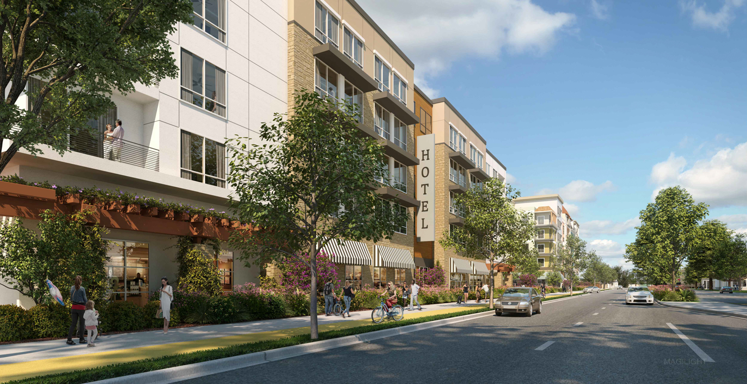 Cambrian Park Village along Camden Avenue, design by KRP Architects, rendering by Magilight
