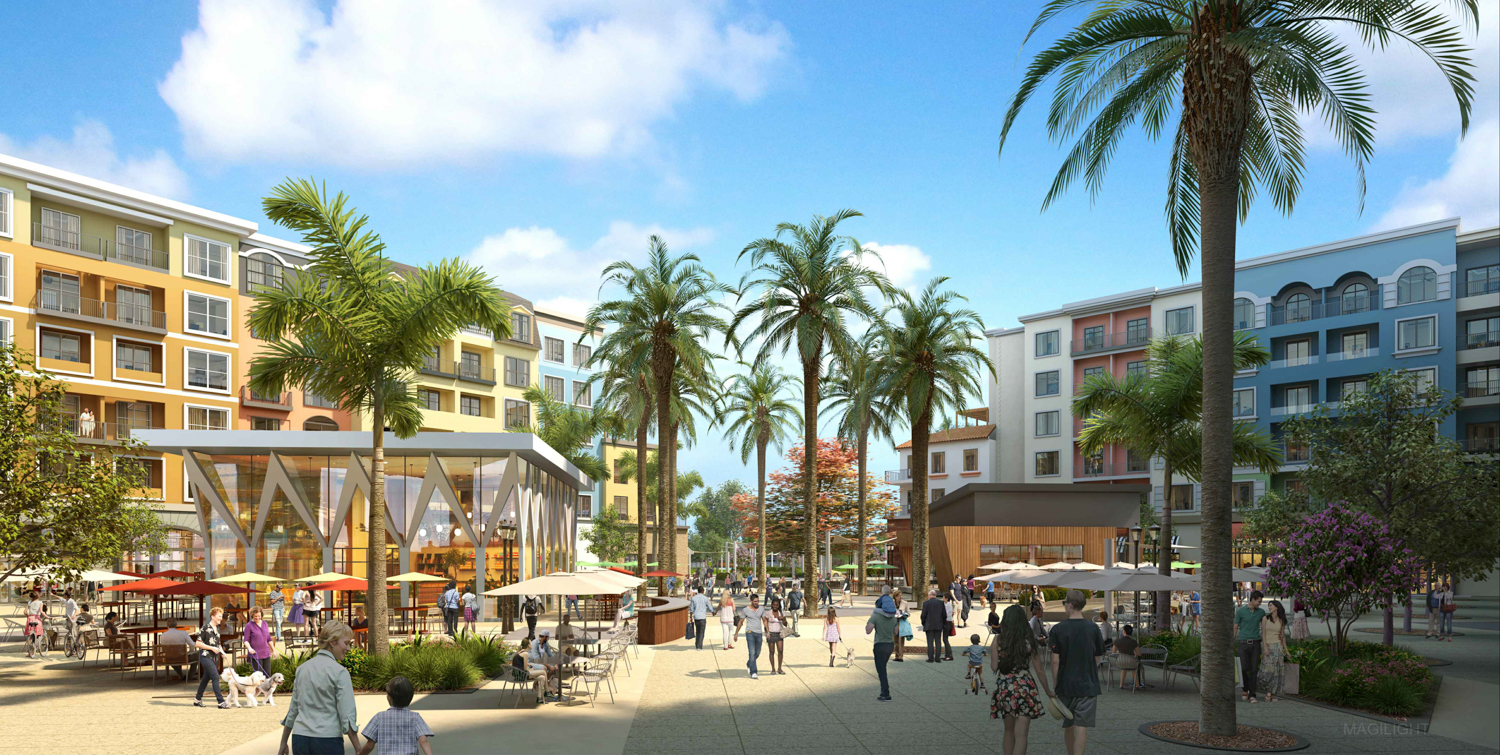 Cambrian Park Village view of open plaza and pavilions, design by KRP Architects, rendering by Magilight