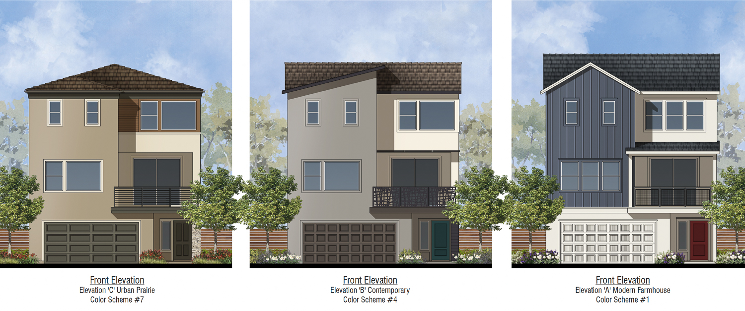 Iron Horse Village at 3401 Crow Canyon Road elevations of the three detached home styles, rendering by WHA