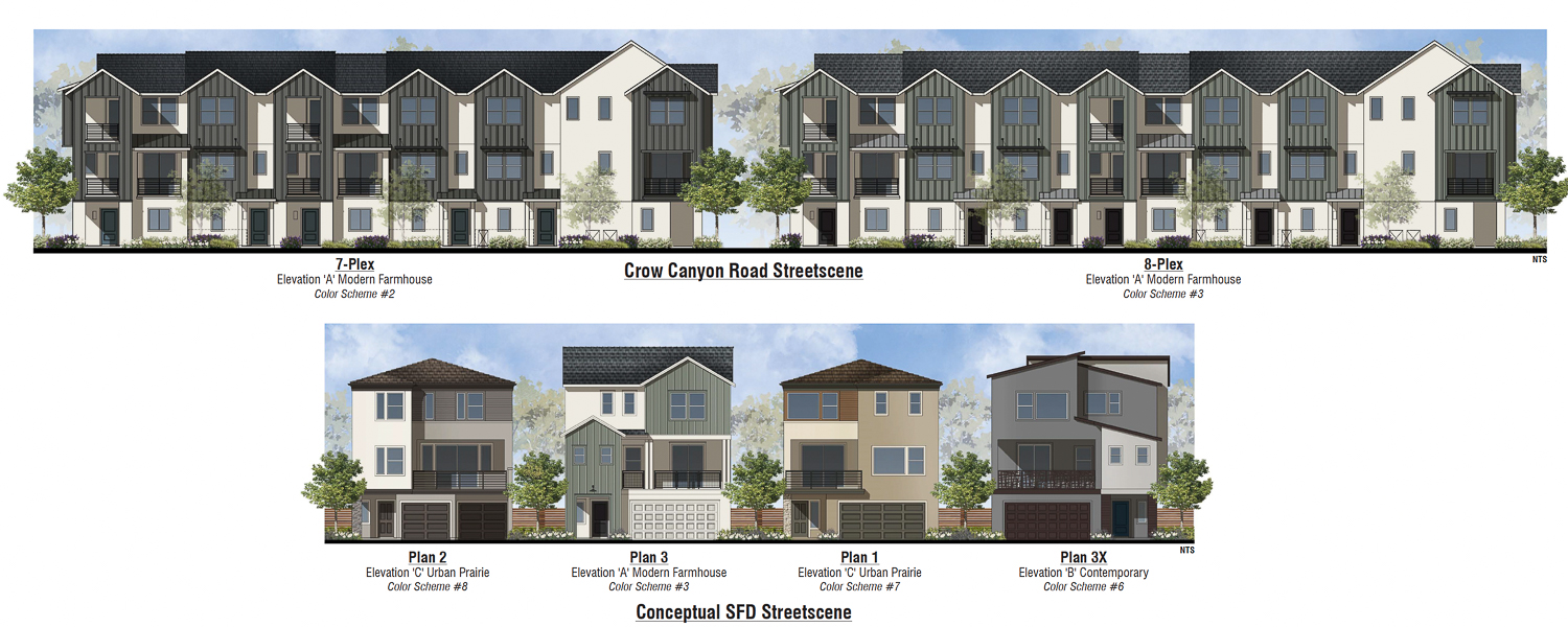 Iron Horse Village at 3401 Crow Canyon Road facade elevations of attached townhomes on top and SFD on bottom, rendering by WHA