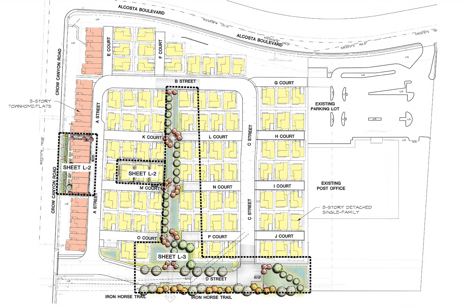 Iron Horse Village at 3401 Crow Canyon Road landscaping site-map, rendering by Environmental Foresight