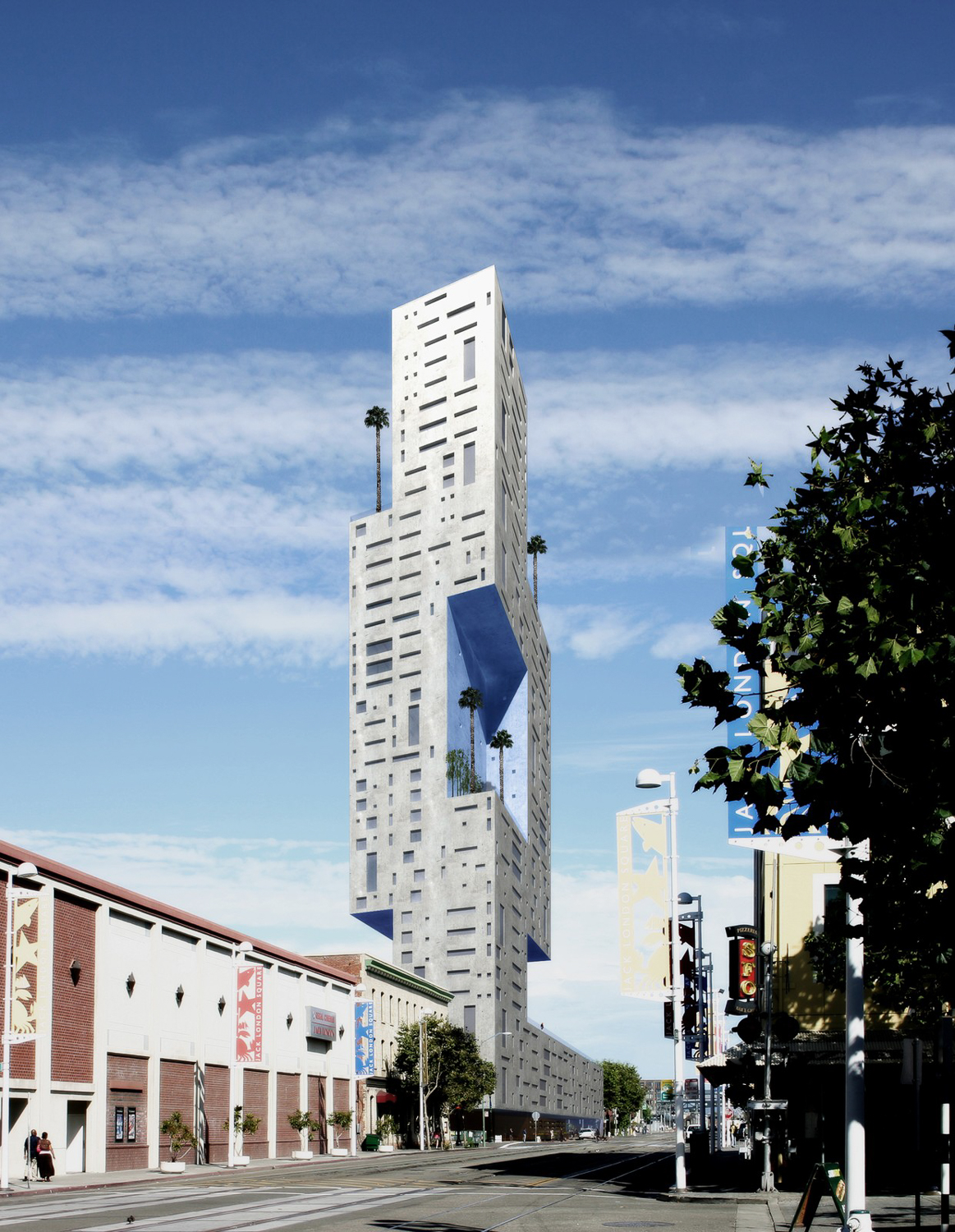 Jack London Tower seen from along Embarcadero West, rendering by Stanley Saitowitz Natoma Architects