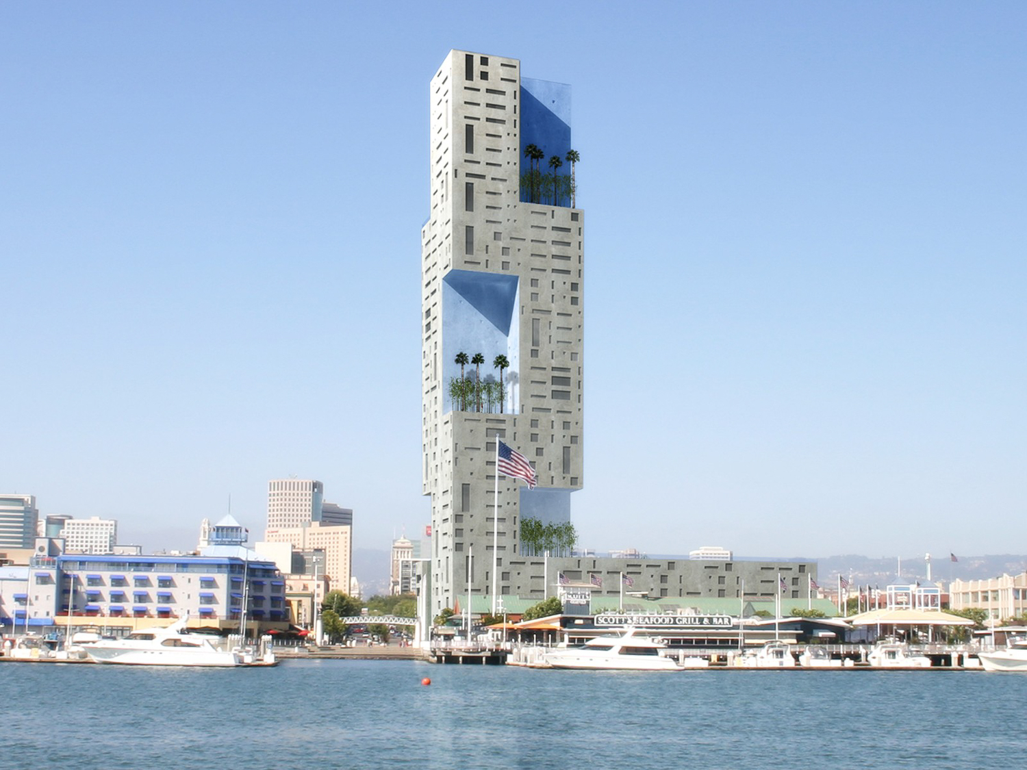 Jack London Tower view from Alameda Island, rendering by Stanley Saitowitz Natoma Architects