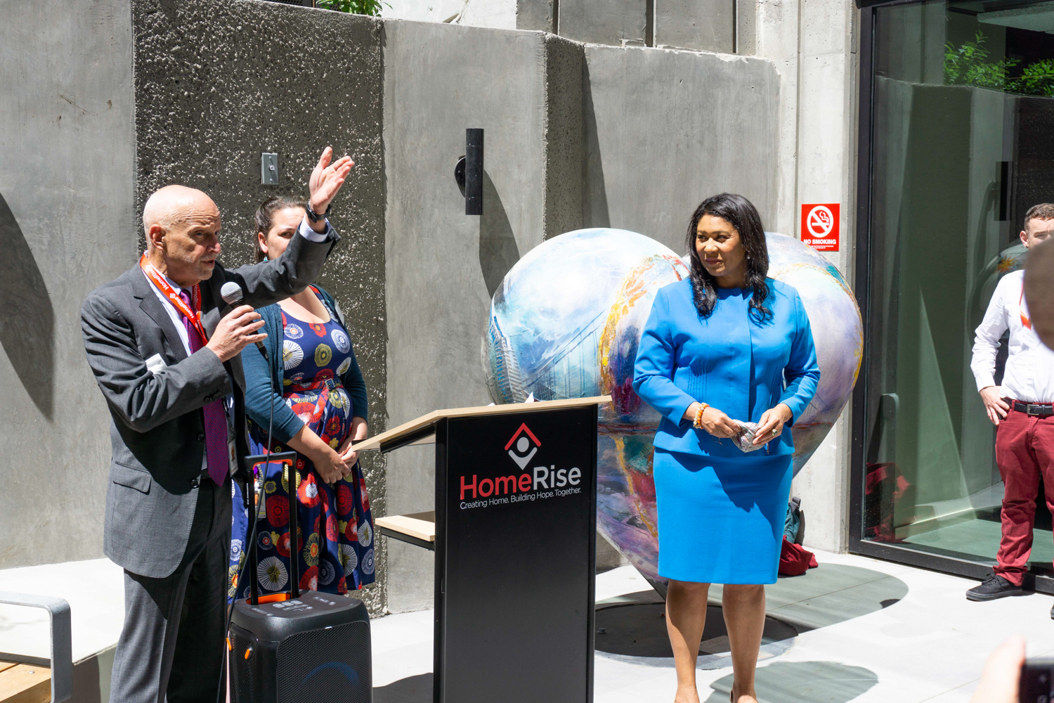 Mayor London Breed and HomeRise CEO Rick Aubry in the 53 Colton Street courtyard, image by author