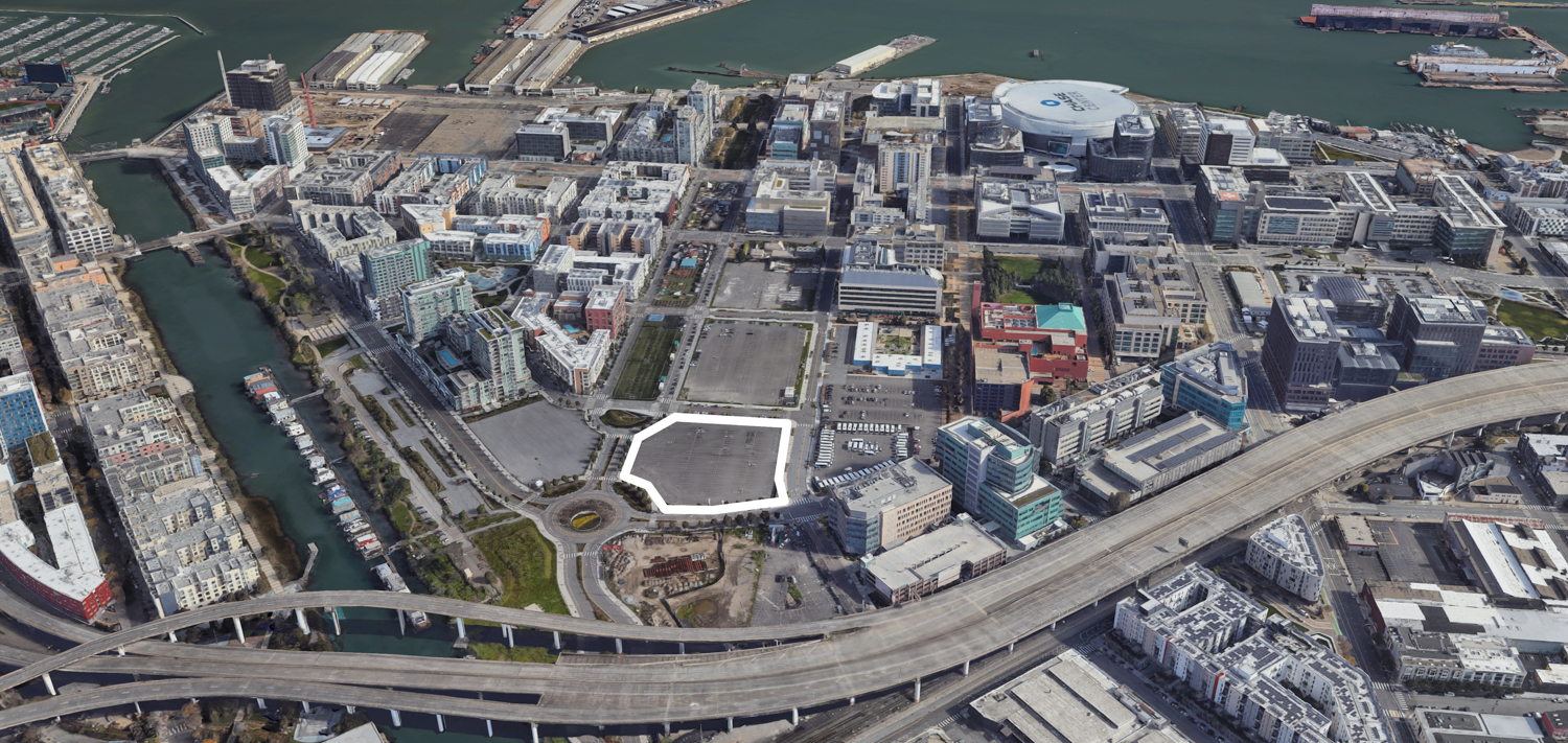 Mission Bay South Block 14 outlined by YIMBY, image via Google Satellite