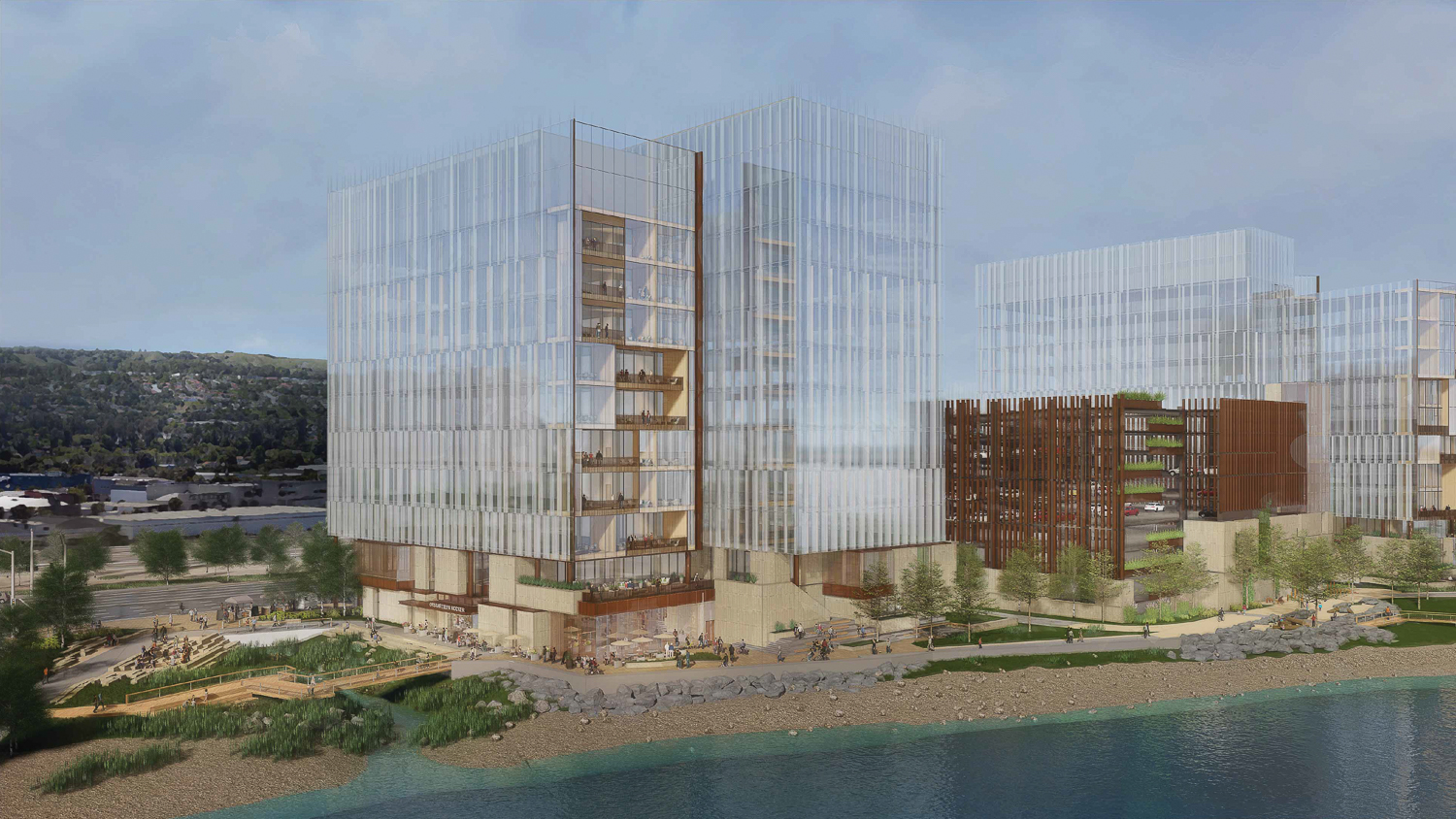 1200-1340 Bayshore Highway view of Building One, South Parking, and Building 3, rendering by WRNS Studio