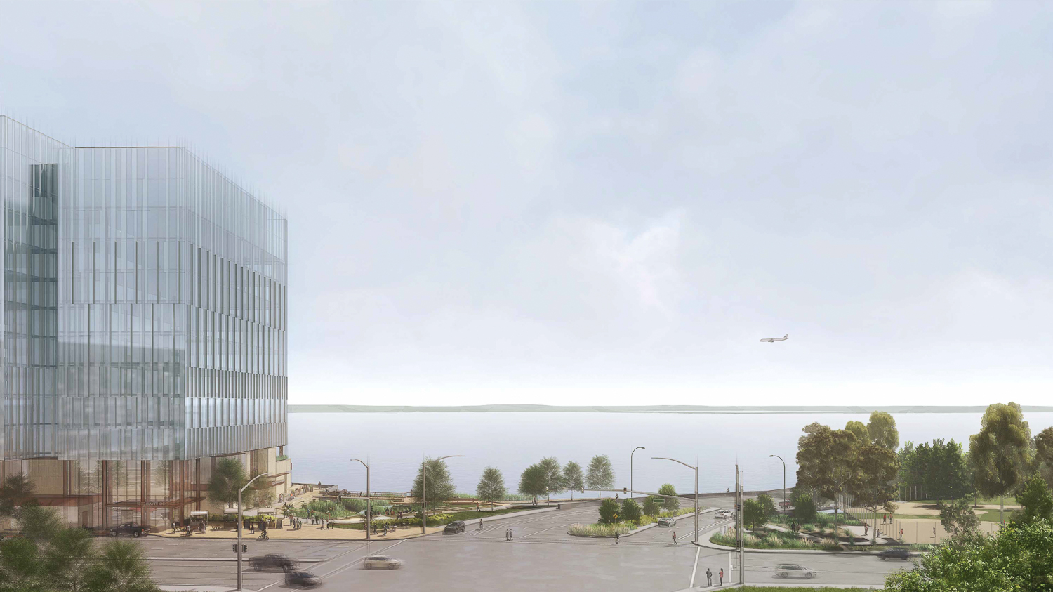 1200-1340 Bayshore Highway view of the South Gateway plaza and the Bay, rendering by WRNS Studio