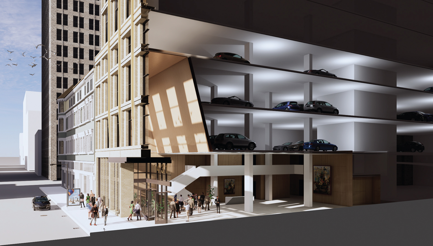 1431 Franklin Street Office Scenario lobby view, rendering by Large Architecture