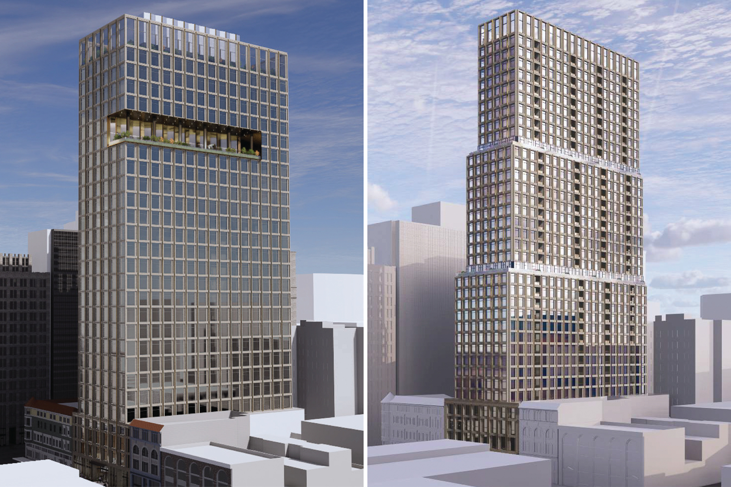 1431 Franklin Street proposal for an Office option (left) or Residential Option (right), rendering by Large Architecture