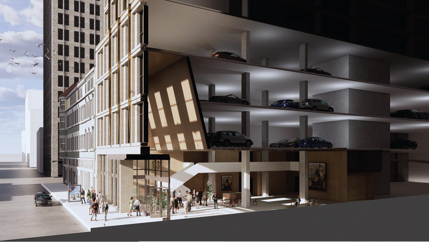 1431 Franklin Street residential scenario lobby cross-section, rendering by Large Architecture