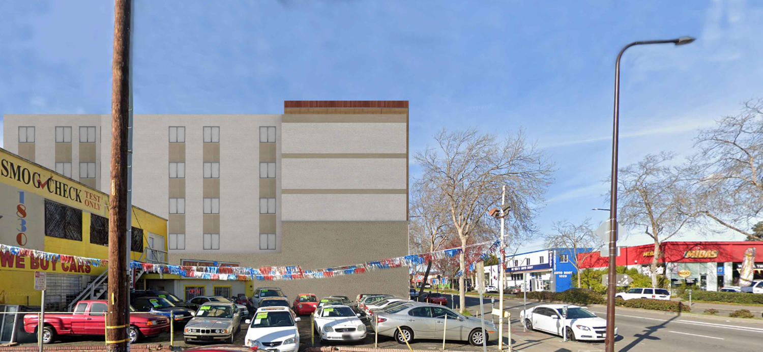 1822-1828 San Pablo Avenue seen from the adjacent parcel, rendering by Gunkel Architecture