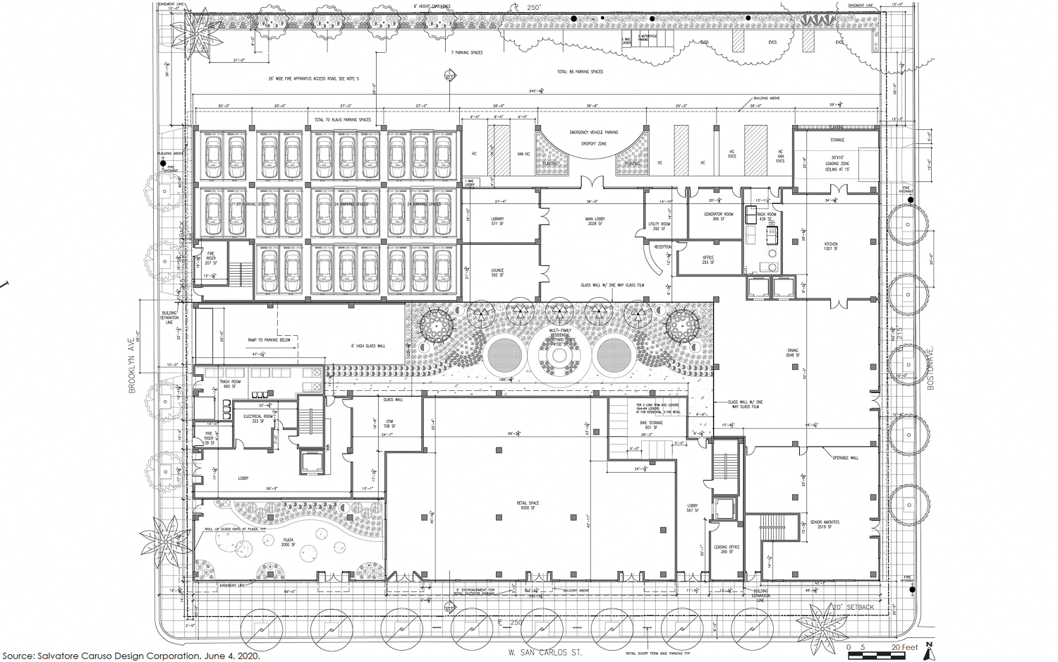 1881 West San Carlos Street ground-level floor plan, elevation by Salvatore Caruso Design Corporation