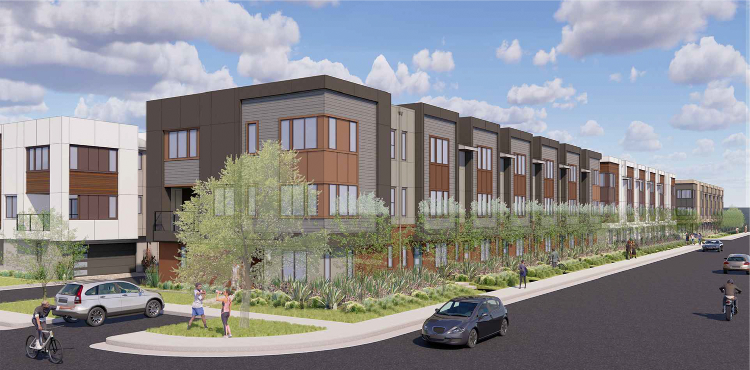 3200 Park Boulevard townhomes from Park Boulevard and Street B, rendering by KTGY Group