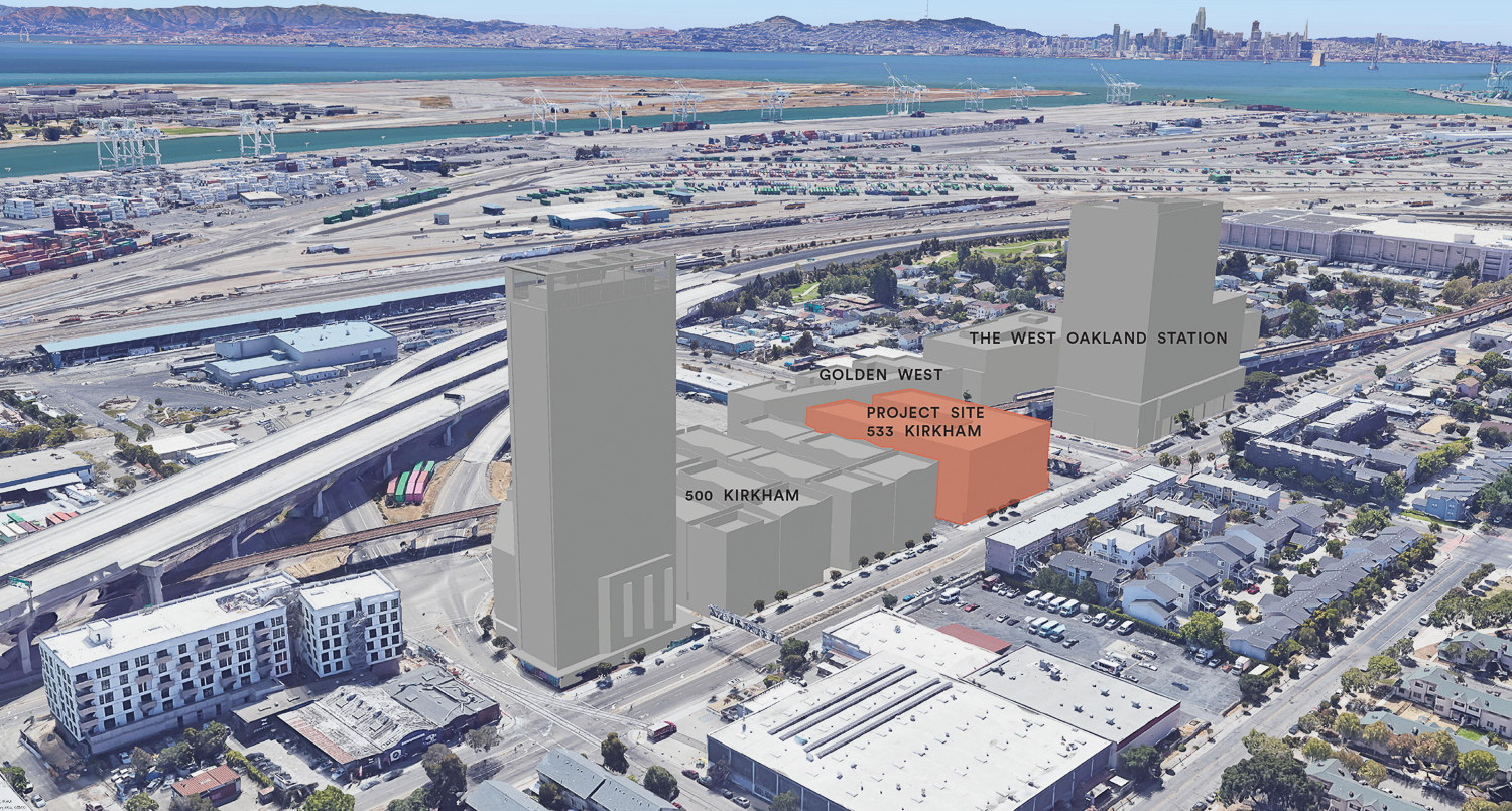 533 Kirkham Street aerial view with neighboring proposals in grey and the San Francsico skyline in the distance, rendering by Solomon Cordwell Buenz