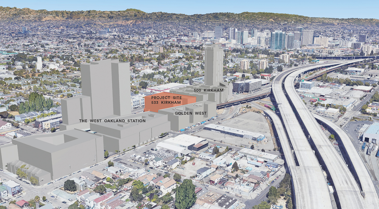 533 Kirkham Street aerial view with neighboring proposals in grey, rendering by Solomon Cordwell Buenz