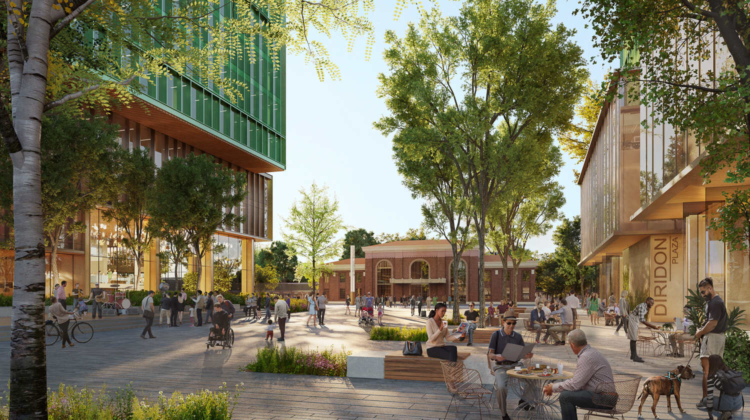 Caltrain Towers Diridon Plaza seating close to the North Building, rendering Perkins&Will