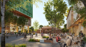 Caltrain Towers plaza with the historic Diridon Station in the background, rendering Perkins&Will