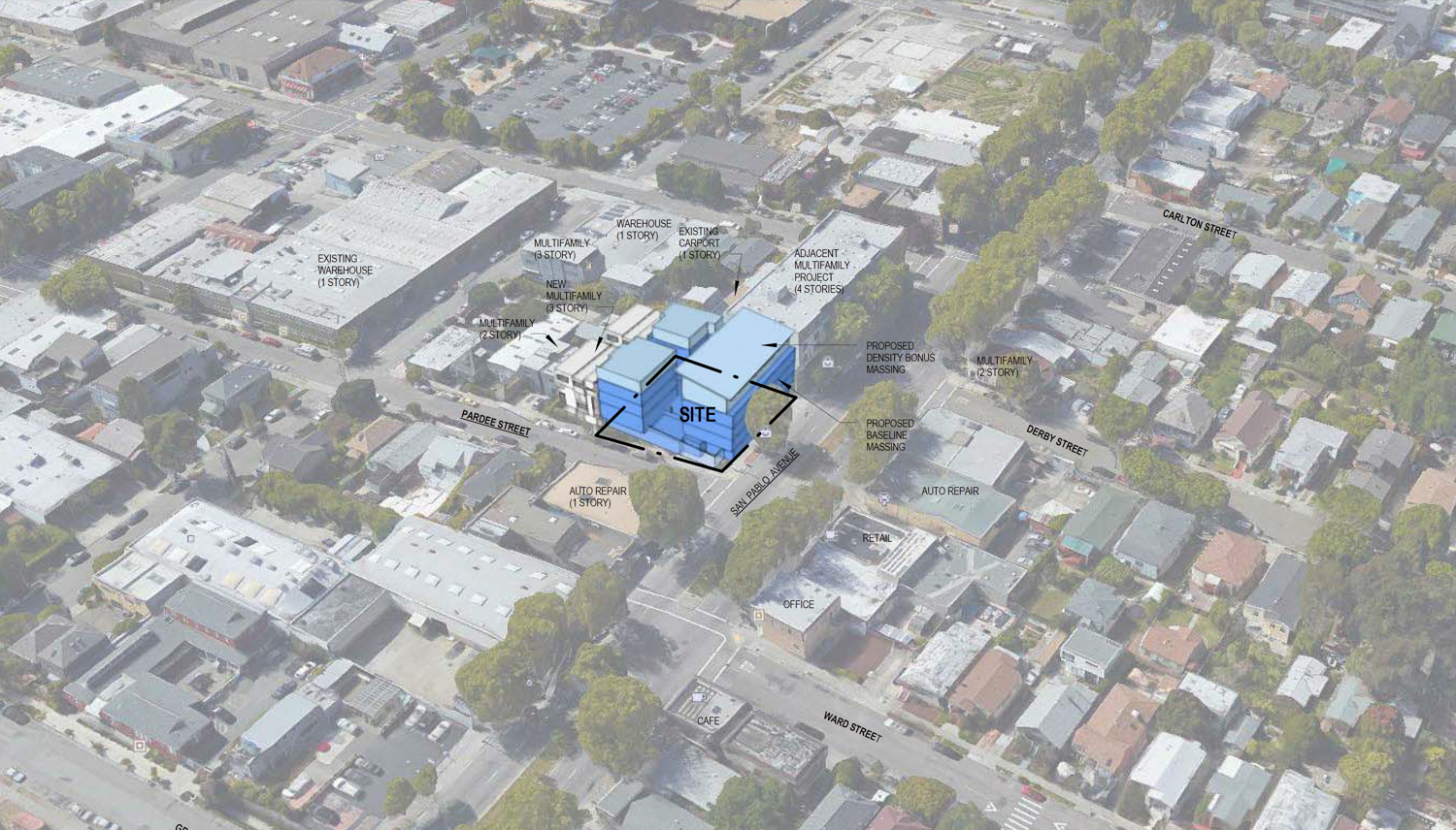 Outdated proposal for 2720 San Pablo Avenue, aerial perspective by Devi Dutta Architecture