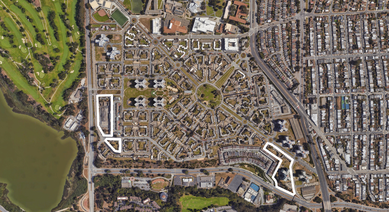 Existing site. Properties outlined, from top left to bottom right: Block 3W, Block 4, and Block 21S, image via Google Satellite approximately outlined by YIMBY