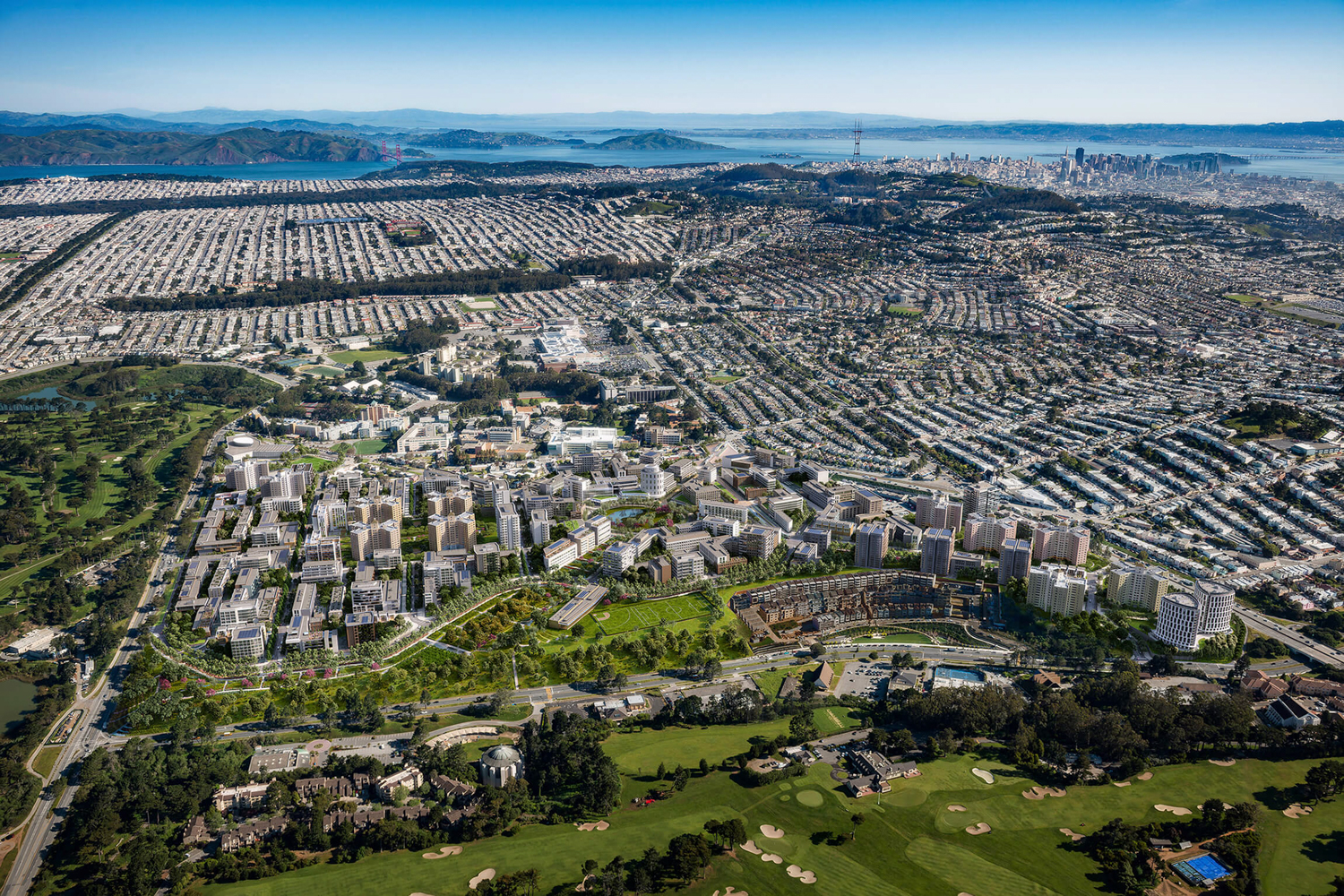 Parkmerced master plan aerial view, rendering by SOM