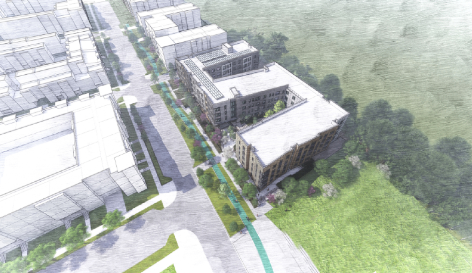 Sunnydale Block 9 aerial perspective, rendering by VMWP and Kerman Morris Architects